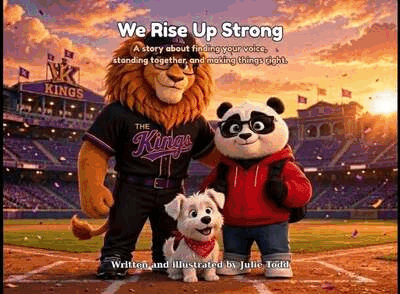 We Rise Up Strong animated book cover: the lion, Julius, and Poppy Puff on the baseball field