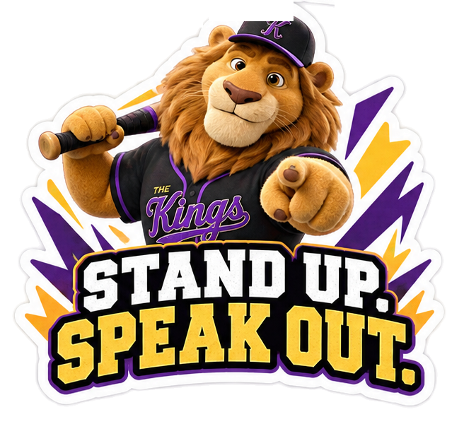 Stand Up Speak Out sticker: the lion pointing at the viewer